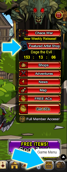 Click the Game Menu button at the bottom of screen to access Dage the Evil's Featured Artist Shop How to get Dage the Evil's items in online adventure game