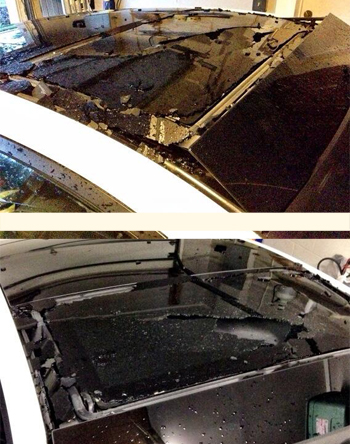 Shattered sunroof. It was pouring rain too. How lucky. Shattered sunroof on Beleen's Scion tc