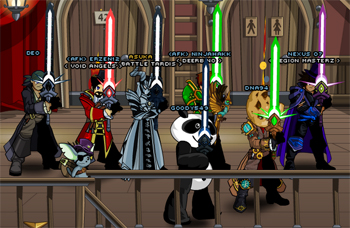 Asuka, DNA94, and fellow Upholders showing off their impressive Star Swords! 5th Upholder Star Swords in online video game AdventureQuest Worlds
